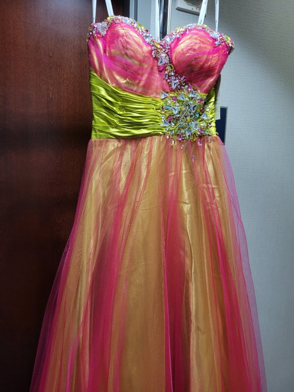 Party Time Formals/Rachel Allen 6734 Size 4 Pink Lime Green Dress - Picture 2 of 4